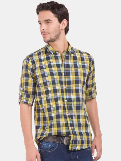 

Ruggers Men Yellow & Navy Blue Slim Fit Checked Casual Shirt