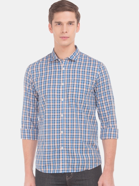 

Ruggers Men Blue & Orange Slim Fit Checked Casual Shirt