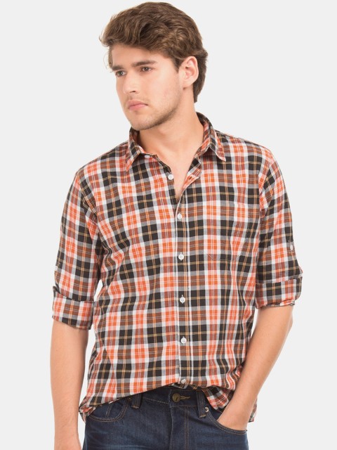 

Ruggers Men Orange & Black Regular Fit Checked Casual Shirt
