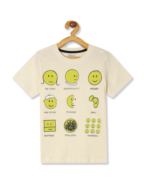

Cherokee Boys Off-White & Yellow Emoji Printed Round Neck T-shirt