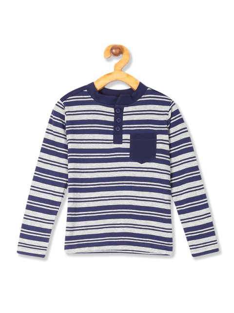 

Cherokee Boys Navy Blue & Grey Melange Striped Henley Neck T-shirt