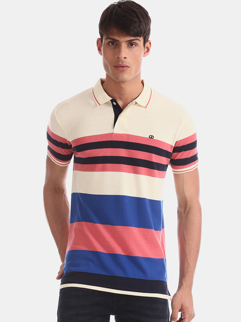 

Ruggers Men White & Blue Striped Polo Collar T-shirt