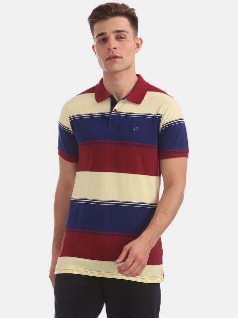 

Ruggers Men Beige & Maroon Striped Polo Collar T-shirt