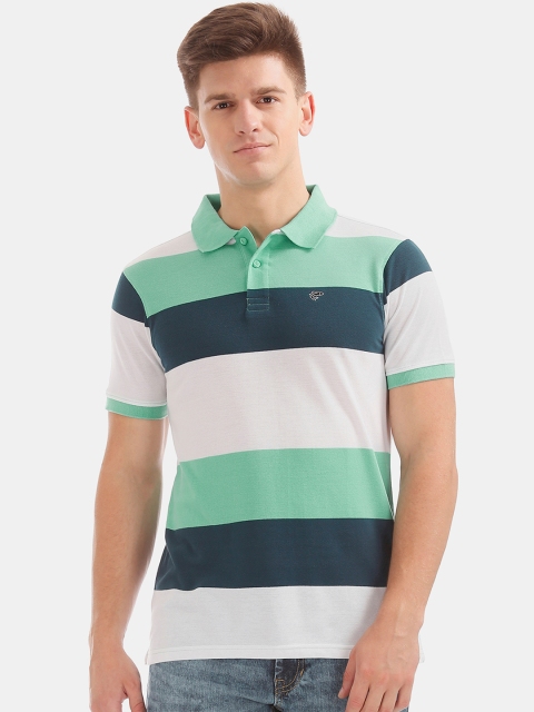 

Ruggers Men White & Green Striped Polo Collar T-shirt