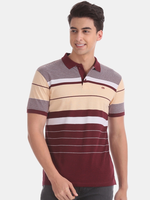 

Ruggers Men Maroon & Peach-Coloured Striped Polo Collar T-shirt