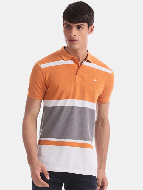 

Ruggers Men Orange & Grey Striped Polo Collar T-shirt