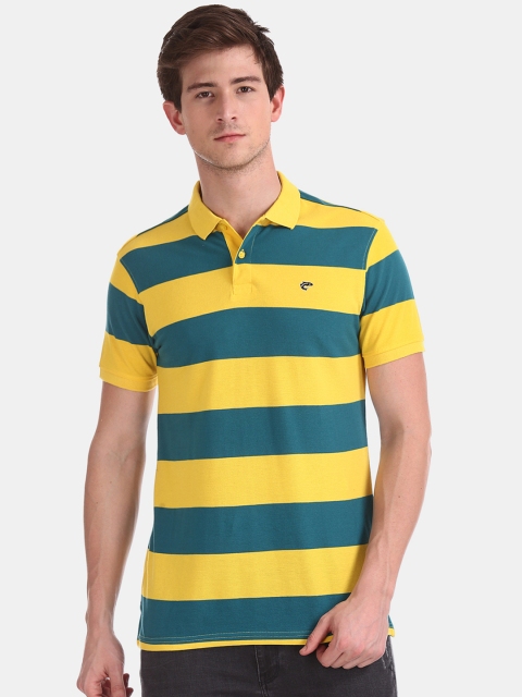 

Ruggers Men Yellow & Teal Blue Striped Polo Collar T-shirt