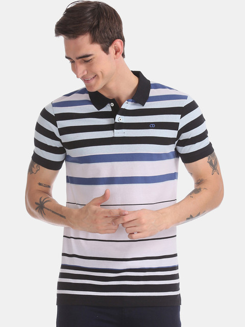 

Ruggers Men White & Black Striped Polo Collar T-shirt