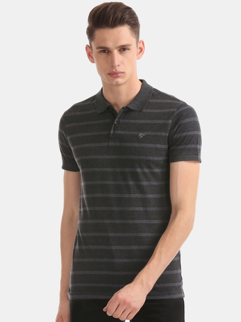 

Ruggers Men Charcoal Grey Striped Polo Collar T-shirt