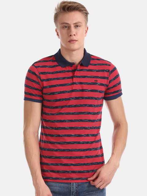 

Ruggers Men Red & Navy Blue Striped Polo Collar T-shirt