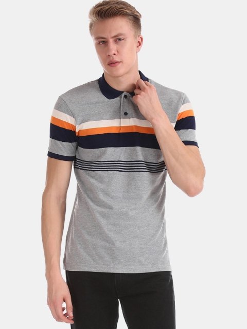 

Ruggers Men Grey Melange & Navy Blue Striped Polo Collar T-shirt