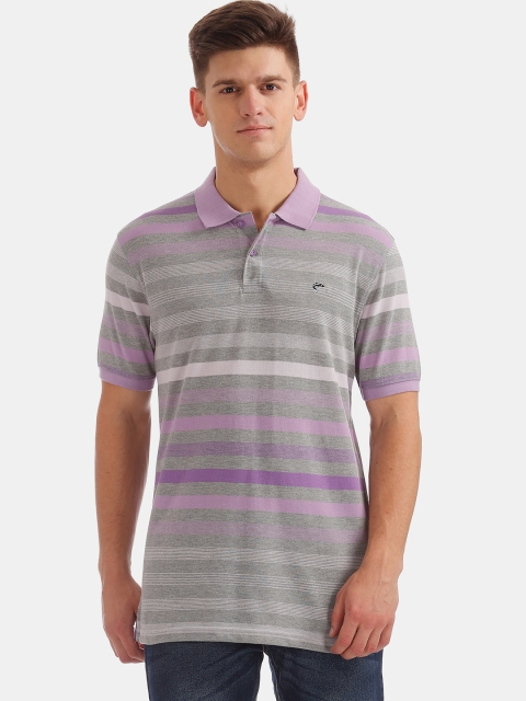 

Ruggers Men Grey & White Striped Polo Collar T-shirt