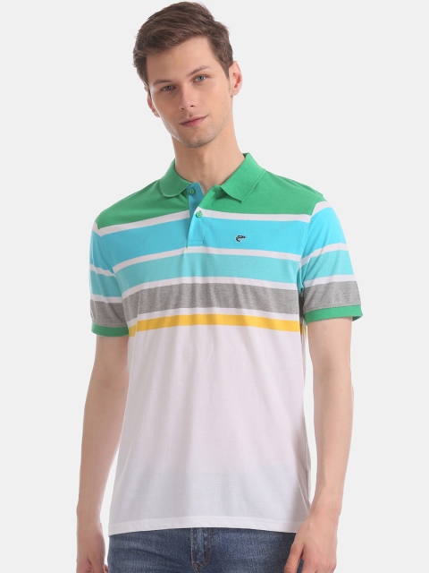 

Ruggers Men White & Blue Striped Polo Collar T-shirt