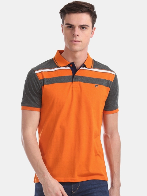 

Ruggers Men Orange & Charcoal Grey Striped Polo Collar T-shirt