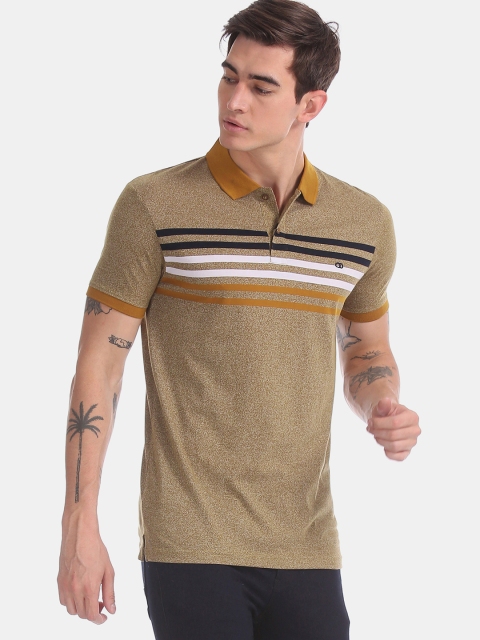 

Ruggers Men Mustard Brown & White Striped Polo Collar T-shirt