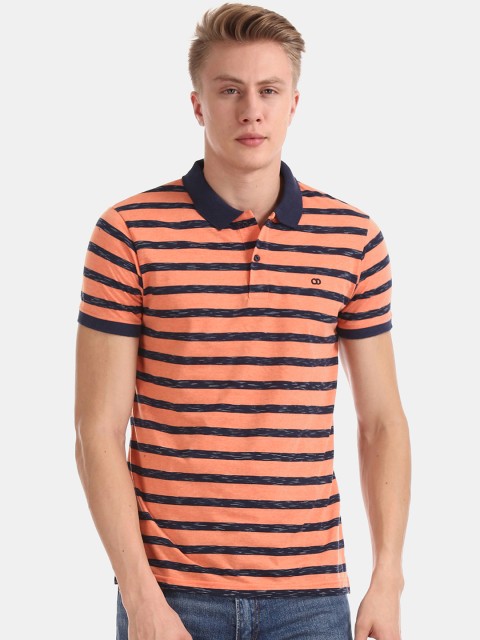 

Ruggers Men Orange & Navy Blue Striped Polo Collar T-shirt