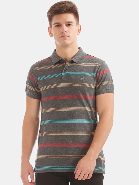 

Ruggers Men Grey & Yellow Striped Polo Collar T-shirt