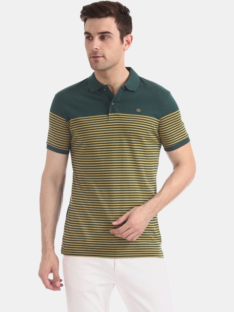 

Ruggers Men Green & Mustard Yellow Striped Polo Collar T-shirt