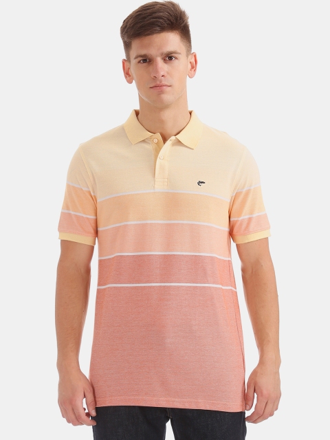 

Ruggers Men Orange & Peach-Coloured Striped Polo Collar T-shirt