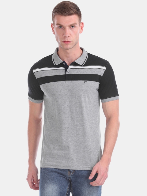 

Ruggers Men Grey Melange & Black Striped Polo Collar T-shirt