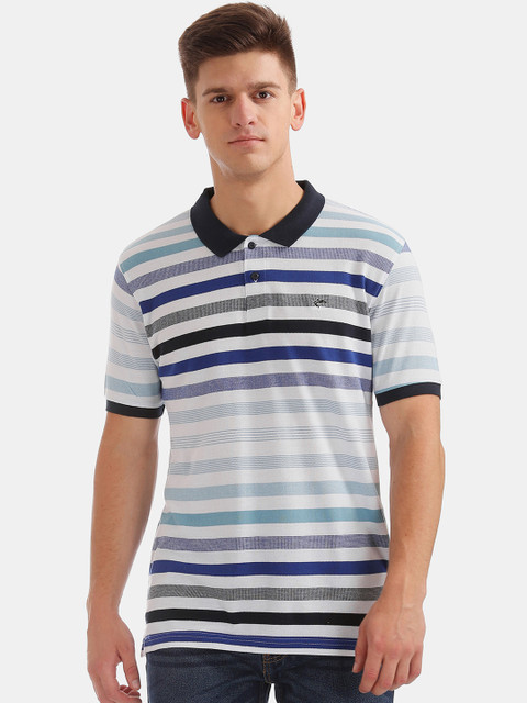 

Ruggers Men White & Navy Blue Striped Polo Collar T-shirt