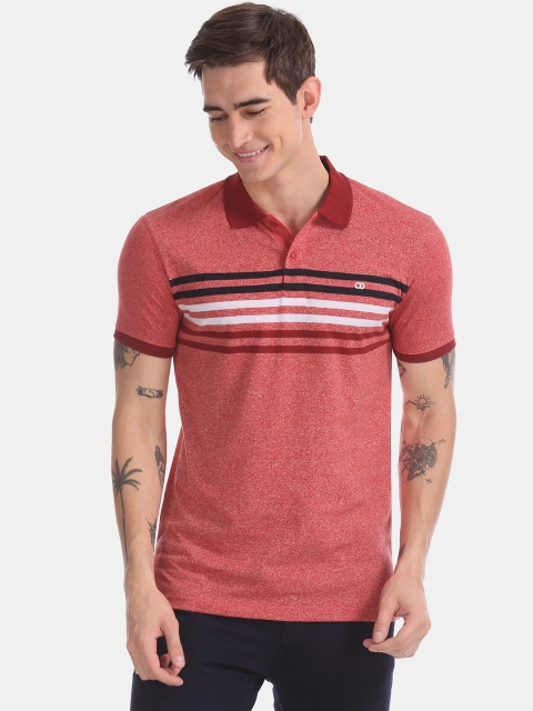 

Ruggers Men Coral Red Striped Polo Collar T-shirt