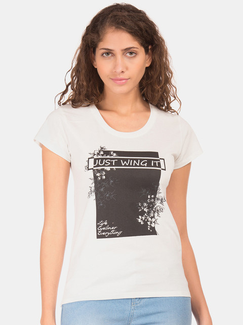 

Sugr Women White Printed Round Neck T-shirt
