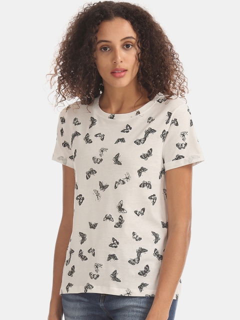 

Sugr Women White Printed Round Neck T-shirt