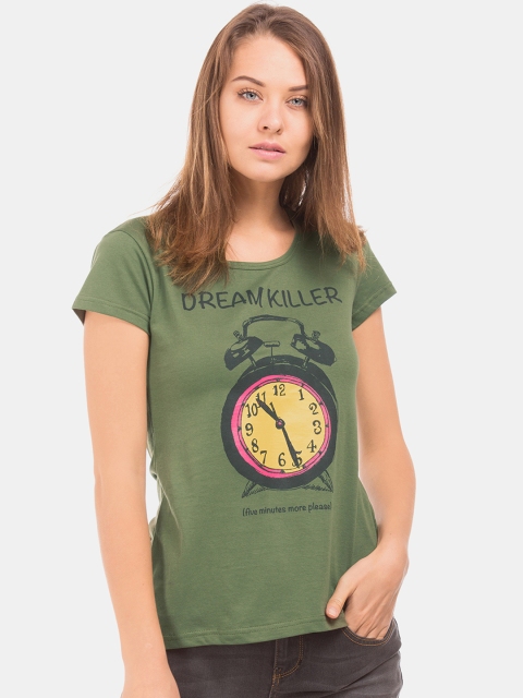 

Sugr Women Green Printed Round Neck T-shirt