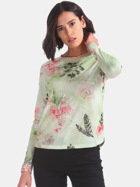

Sugr Women Green Floral Printed Round Neck T-shirt
