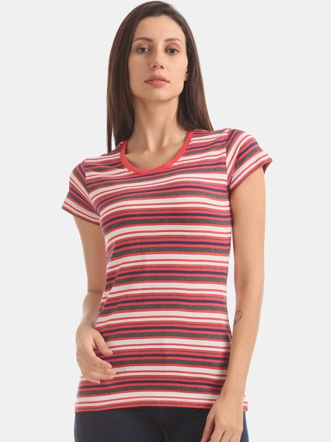 

Sugr Women Red & White Striped Round Neck T-shirt
