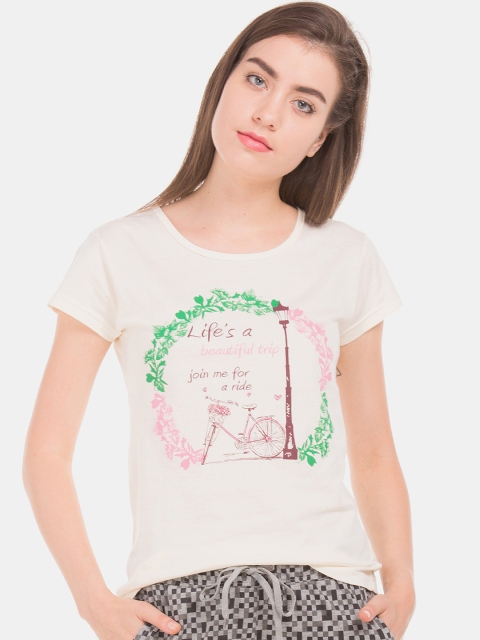 

Sugr Women Cream-Coloured Printed Round Neck T-shirt