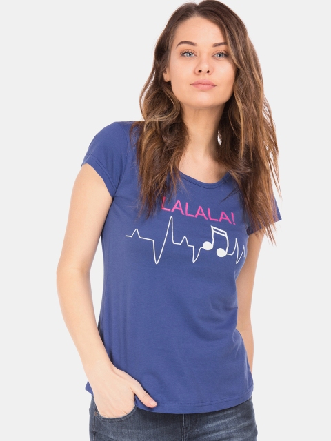 

Sugr Women Blue Printed Round Neck T-shirt