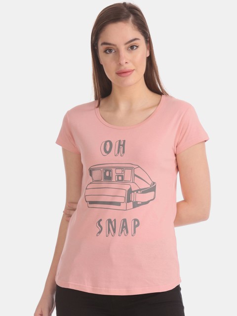 

Sugr Women Pink Printed Round Neck T-shirt