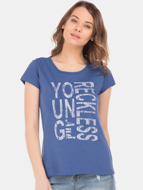 

Sugr Women Blue Printed Round Neck T-shirt