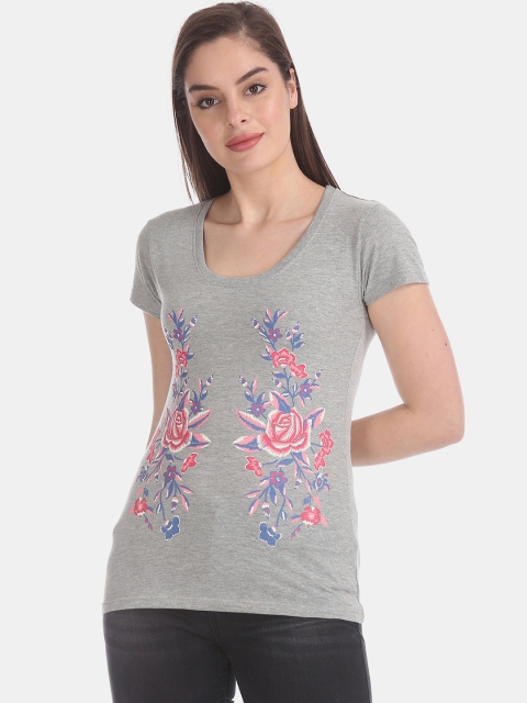 

Sugr Women Grey Melange Floral Printed Round Neck T-shirt