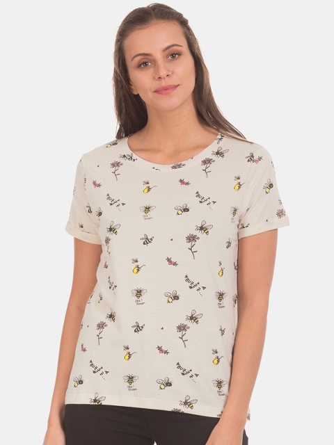 

Sugr Women Cream-Coloured Printed Round Neck T-shirt