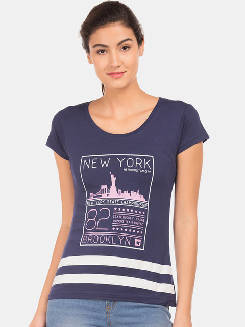 

Sugr Women Navy Blue Printed Round Neck T-shirt