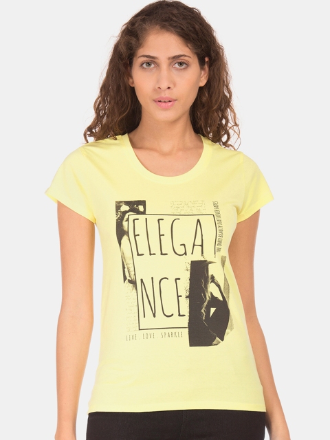 

Sugr Women Yellow Printed Round Neck T-shirt
