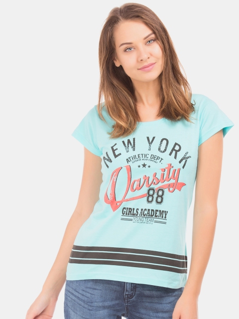 

Sugr Women Blue Printed Round Neck T-shirt
