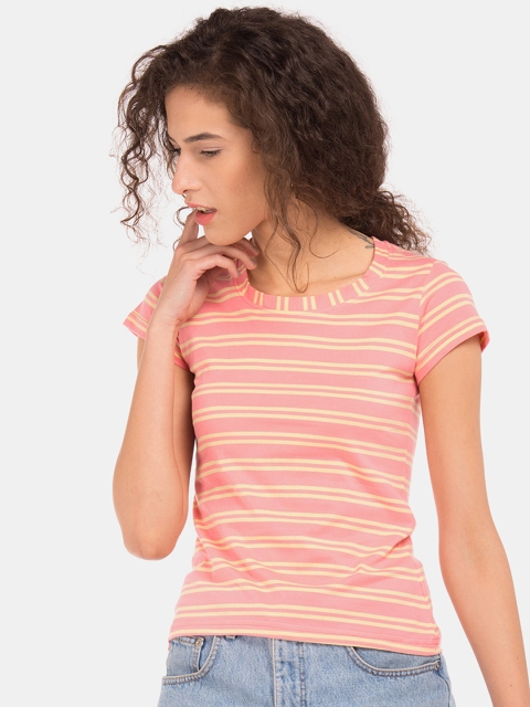 

Sugr Women Pink Striped Round Neck T-shirt