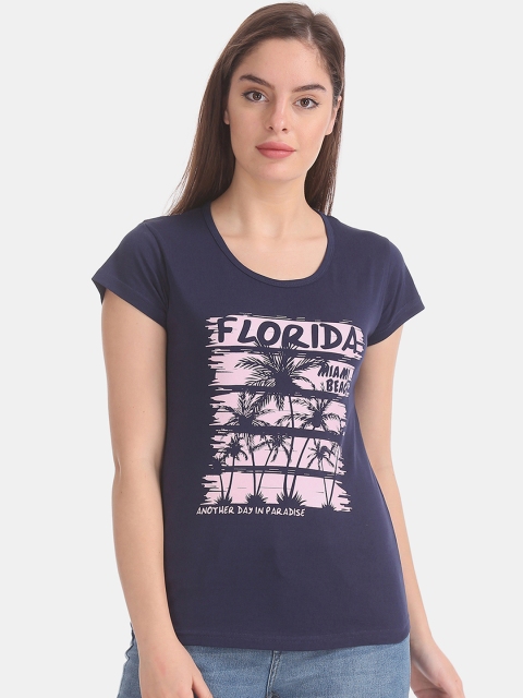 

Sugr Women Blue Printed Round Neck T-shirt