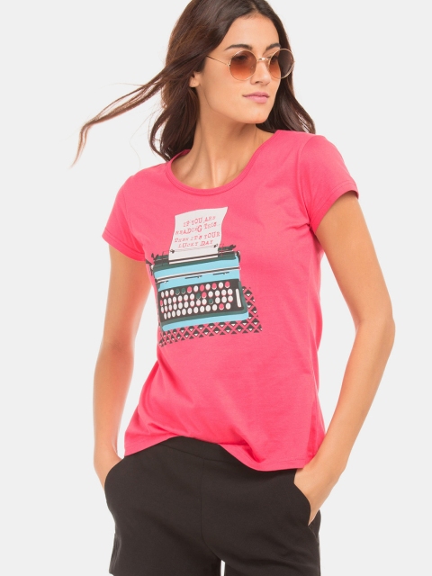 

Sugr Women Pink & Blue Graphic Print Round Neck T-shirt