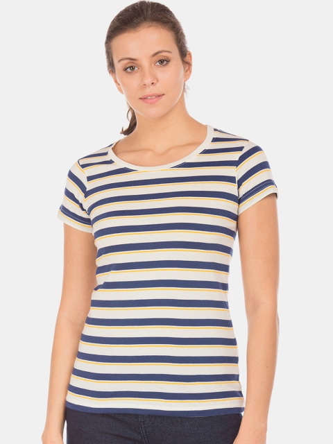

Sugr Women Off-White & Navy Blue Striped Round Neck T-shirt