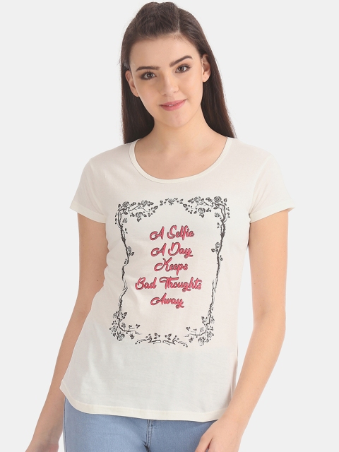 

Sugr Women White Printed Round Neck T-shirt