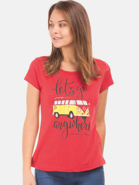 

Sugr Women Red Printed Round Neck T-shirt