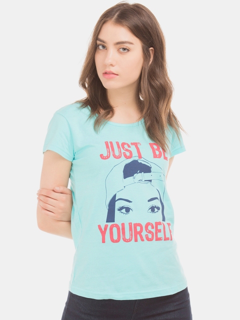 

Sugr Women Turquoise Blue Printed Round Neck T-shirt