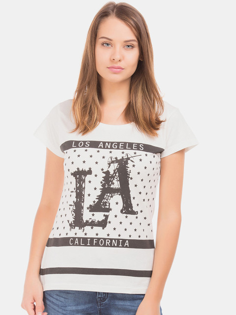 

Sugr Women White Printed Round Neck T-shirt