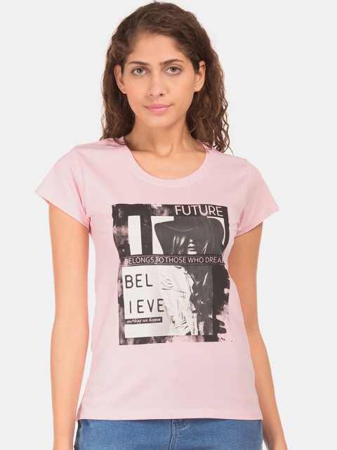

Sugr Women Pink Printed Round Neck T-shirt