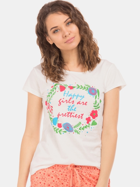 

Sugr Women Off-White & Pink Floral Print Round Neck T-shirt